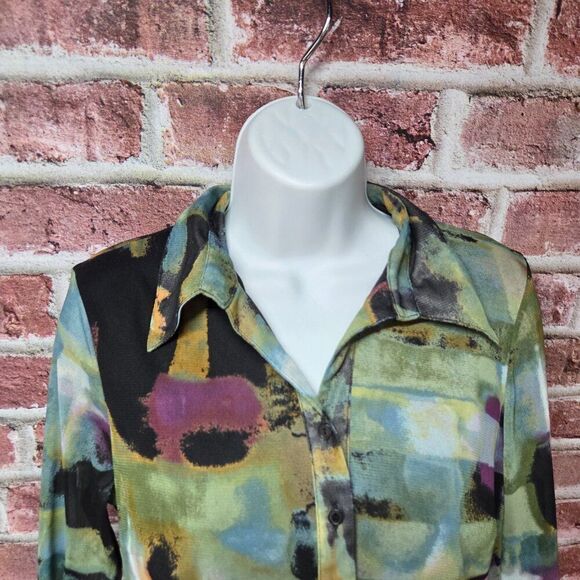 Vintage Essentials Milano Abstract Green Blouse – Women’s M 3/4 Sleeve Top - Picture 3 of 7